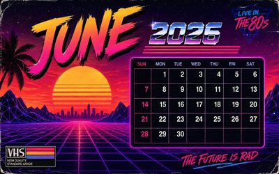 calendario junio ​​2026, 4k, estilo de los 80, creativo, wibes de playa, junio 2026, calendarios de verano, arte retro, calendario junio 2026, vhs, calendarios de junio, calendarios 2026, junio