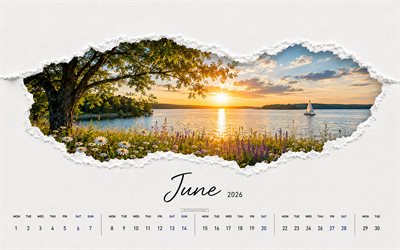 June 2026 Calendar, 4k, white paper background, 2026 June Calendar, lake in summer, summer landscape, June, 2026 calendars, June Calendar 2026, sunset