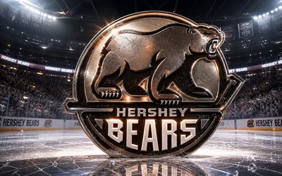 4k, Hershey Bears metal logo, spotlights, ice arena, AHL, creative, hockey, Hershey Bears logo, hockey stadium, Hershey Bears 3D logo, american hockey team, Hershey Bears