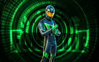 Green Storm Racer Fortnite, 4k, green spiral background, Fortnite, creative, Green Storm Racer Skin, Fortnite Green Storm Racer Skin, Green Storm Racer, Fortnite characters