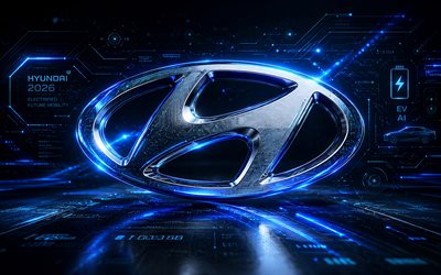 logotipo 3d da hyundai, 4k, fundo futurista escuro, criativo, raios de néon azuis, logotipo metálico da hyundai, logotipo futurista da hyundai, marcas de carros, logotipo da hyundai, hyundai