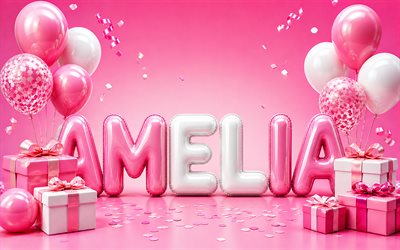 4k, amélia feliz aniversário, fundo rosa, nome amélia, caixas de presente rosa, aniversário da amélia, balões 3d, nomes femininos americanos populares, balões brancos rosa, feliz aniversário amélia, foto com o nome amélia, amélia