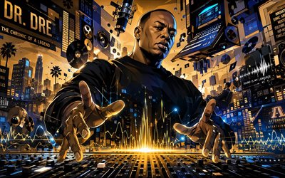 4k, Dr Dre, music studio, abstract art, music stars, Andre Romell Young, GTA style, american rapper, creative background, Dr Dre art, american celebrity, Dr Dre 4K