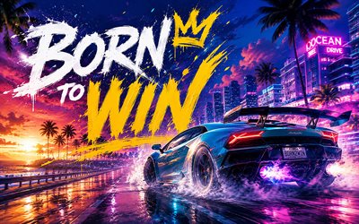 Born to win, 4k, cyberpunk, Lamborghini Huracan, night racing, popular short quotes, Born to win concepts, inspiration, Born to win inspiration, creative, Born to win Art