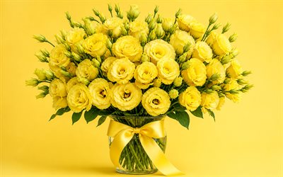 yellow eustoma, 4k, minimalism, glass vase, bokeh, bouquet of eustoma, yellow background, beautiful flowers, background with eustoma, yellow flowers, eustoma