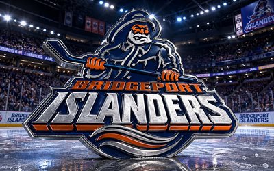 4k, bridgeport islandersin metallinen logo, kohdevalot, jääareena, ahl, luova, jääkiekko, bridgeport islandersin logo, jääkiekkostadion, bridgeport islandersin 3d logo, amerikkalainen jääkiekkojoukkue, bridgeport islanders