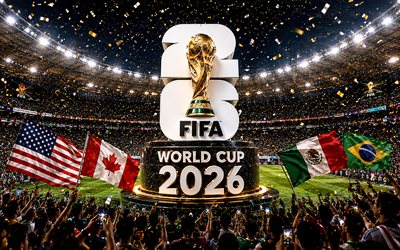 2026 fifa world cup, 4k, stadionilla, faneja, lentävä konfetti, fifa world cup trophy, luova, jalkapallo, fifa world cup  taide, fifa world cup 2026, kultainen pokaali, fifa world cup