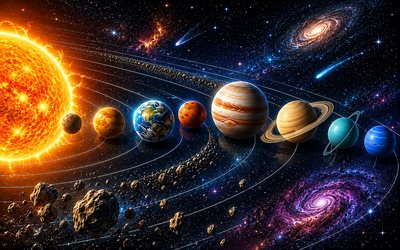 4k, Solar system planets, orbits, 3D art, astronomy, universe, Sun, Mercury, Venus, Earth, Mars, Jupiter, Saturn, Uranus, Neptune, planets inscriptions, Solar system, planets, planetary system, astrophysics, galaxy, Solar system concepts