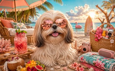 Shih Tzu, 4k, summer, tropical beach, beach accessories, sea, sun lounger, sunglasses, Shih Tzu on beach, dogs, cocktail, cute animals, beach, pets, dog in sunglasses, Shih Tzu Dog