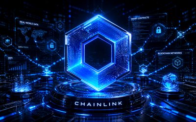 logotipo 3d de elo de corrente, 4k, fundo futurista azul, criptomoedas, logotipo de vidro chainlink, marcas, criptomoeda chainlink, logotipo futurista de elo de corrente, blockchain, logotipo do elo de corrente, elo de corrente