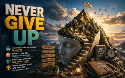 Never Give Up, 4k, 3d isometric art, infographics, motivation, Never Give Up concepts, Never Give Up ideas, Never Give Up art, isometric
