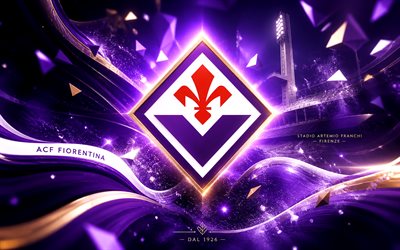 ايه سي اف فيورنتينا, 4k, نادي كرة القدم الإيطالي, شعار إيه سي إف فيورنتينا, فن كرة القدم, خلفية مجردة الأرجواني, شعار نادي إيه سي إف فيورنتينا, الدوري الإيطالي أ, كرة القدم, إيطاليا, شعار فيورنتينا, فيورنتينا, ملعب أرتيميو فرانكي, جيجلياتي