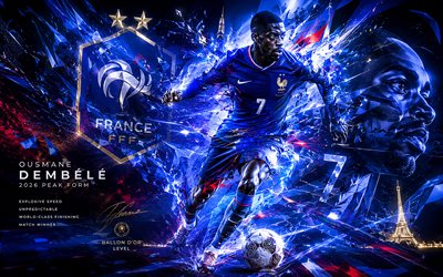 Ousmane Dembele, France national football team, fan art, blue abstract lines background, Ousmane Dembele France, creative art, France national football team logo, football