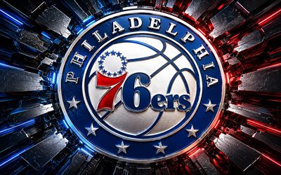 Philadelphia 76ers metal logo, 4k, blue red metal background, NBA, basketball, Philadelphia 76ers logo, Philadelphia 76ers 3D logo, american basketball team, Philadelphia 76ers