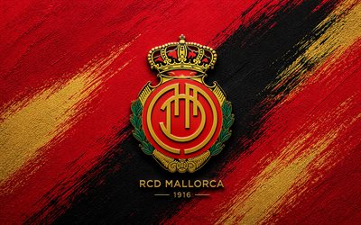 rcd mallorcan logo, 4k, punainen musta maali tausta, rcd mallorca, espanjan jalkapalloseura, rcd mallorcan tunnus, la liga, espanja, jalkapallo