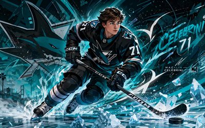 4k, macklin celebrini, soyut sanat, san jose köpekbalıkları, nhl, kanadalı hokey oyuncuları, macklin celebrini 4k, hokey, turkuaz soyut arka plan, macklin celebrini san jose köpekbalıkları