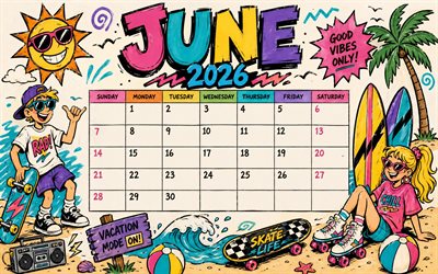 4k, calendario junio ​​2026, estilo de los 90, creativo, wibes de playa, junio 2026, calendarios de verano, arte retro, calendario junio 2026, vhs, calendarios de junio, calendarios 2026, junio