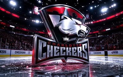 4k, Charlotte Checkers metal logo, spotlights, ice arena, AHL, creative, hockey, Charlotte Checkers logo, hockey stadium, Charlotte Checkers 3D logo, american hockey team, Charlotte Checkers