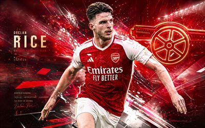 Declan Rice, Arsenal FC, fan art, red abstract background, Declan Rice Arsenal FC, creative art, Arsenal FC logo, Declan Rice Arsenal, football, Arsenal