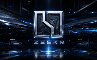 logotipo zeekr 3d, 4k, fundo futurista escuro, criativo, raios de néon azuis, logotipo de metal zeekr, logotipo futurista zeekr, marcas de carros, logotipo zeekr, zeekr