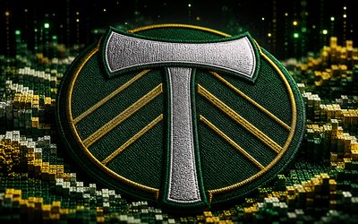 portland timbersin kangaslogo, 4k, vihreä keltainen 3d tausta, mls, jalkapallo, portland timbersin logo, portland timbersin 3d logo, portland timbers, amerikkalainen jalkapalloseura, portland timbers fc