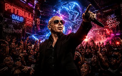 pitbull, 4k, konzert, nachtparty, cartoon kunst, fans, kreativer hintergrund, musikstars, armando christian pérez acosta, pitbull auf konzert, amerikanischer rapper, pitbull kunst, amerikanische berühmtheit, pitbull 4k