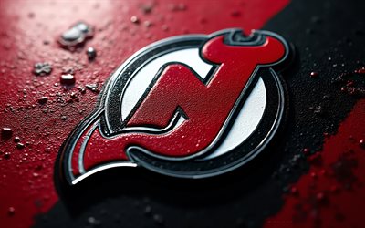 New Jersey Devils metal logo, 4k, red black metal background, NHL, New Jersey Devils logo, New Jersey Devils emblem, USA, New Jersey Devils, hockey