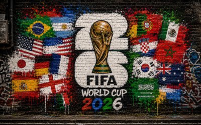 4k, 2026 fifa world cup, katutaidetta, liput, fifa world cup trophy, tiiliseinä, graffitit seinälle, fifa world cup  taide, fifa world cup 2026, luova, kultainen pokaali, jalkapallo, fifa world cup