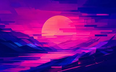 4k, المناظر الطبيعية مجردة, الشمس الأرجوانية, comsynthwave, غروب, الجبال, خلفية أرجوانية, فن الرجعية, comfuturesynth, مبدع, comretrowave, خلفيات الطبيعة مجردة, المناظر الطبيعية الرجعية, شاطئ الرجعية
