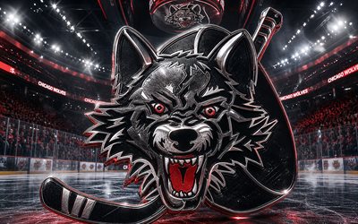 4k, Chicago Wolves metal logo, spotlights, ice arena, AHL, creative, hockey, Chicago Wolves logo, hockey stadium, Chicago Wolves 3D logo, american hockey team, Chicago Wolves
