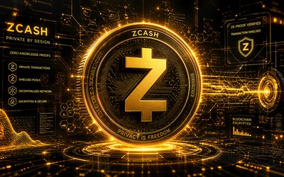 Zcash 3D logo, 4k, golden futuristic background, cryptocurrencies, Zcash glass logo, brands, Zcash cryptocurrency, Zcash futuristic logo, blockchain, Zcash logo, Zcash