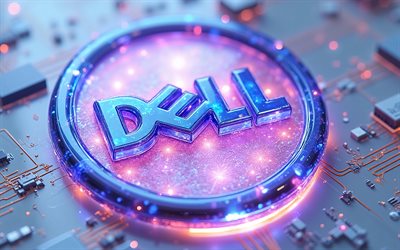 Dell glowing purple logo, 4K, Dell, neon light, Dell 3D glowing purple logo, Dell emblem, gray technology background, Dell glowing purple sign, Dell logo