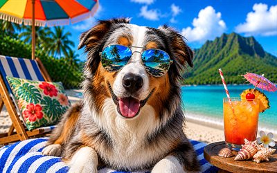 pastor australiano, 4k, verão, praia tropical, acessórios de praia, mar, espreguiçadeira, óculos de sol, pastor australiano na praia, cães, coquetel, australiano, praia, animais de estimação, cachorro de óculos escuros, cão pastor australiano