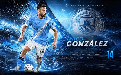 Nico Gonzalez, Manchester City FC, fan art, blue white abstract background, Nico Gonzalez Manchester City FC, creative art, Manchester City FC logo, Nico Gonzalez Manchester City, football, Manchester City