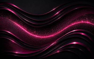 ondas de neón rosa sobre un fondo negro, 4k, fondo de ondas abstractas rosa, ondas de neón rosa, fondo negro de ondas 3d, fondo abstracto de ondas