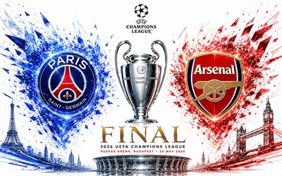 نهائي دوري أبطال أوروبا 2026, باريس سان جيرمان vs أرسنال, خلفية بيضاء, باريس سان جيرمان, نادي ارسنال, دوري أبطال أوروبا, فن الكريستال, أخير, ملعب بوشكاش, بودابست, الفن التجريدي, كرة القدم