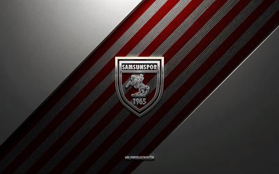 Samsunspor logo, 4k, steel background, Turkish football club, red white lines, Samsunspor emblem, Super Lig, Samsunspor, Turkey, football, Samsunspor metal logo, Samsunspor crest
