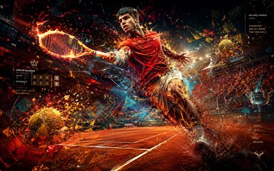 Carlos Alcaraz, 4k, Spanish tennis player, ATP, orange abstract lines art, tennis, Carlos Alcaraz art, Association of Tennis Professionals, creative art, orange light lines