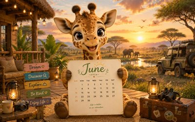 June 2026 Calendar, 4k, giraffe in Africa, 2026 June Calendar, cute giraffe, June, 2026 calendars, June Calendar 2026, little giraffe