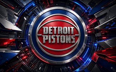 Detroit Pistons metal logo, 4k, blue red metal background, NBA, basketball, Detroit Pistons logo, Detroit Pistons 3D logo, american basketball team, Detroit Pistons