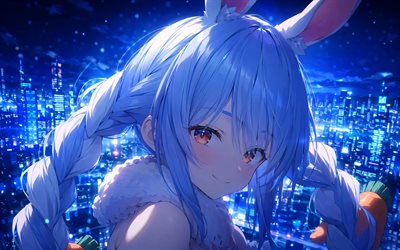 4k, Usada Pekora, blue nightscape, orange eyes, Virtual YouTuber, carrots, VTuber, creative, Hololive, manga, Usada Pekora channel, Usada Pekora Virtual YouTuber