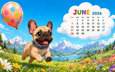 2026 June Calendar, 4k, french bulldog, colorful balloon, grassplot, mountains, June 2026, spring calendars, June 2026 Calendar, spring, June calendars, 2026 calendars, June