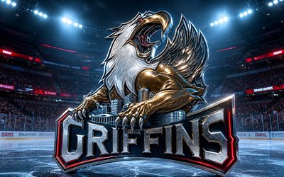 4k, Grand Rapids Griffins metal logo, spotlights, ice arena, AHL, creative, hockey, Grand Rapids Griffins logo, hockey stadium, Grand Rapids Griffins 3D logo, american hockey team, Grand Rapids Griffins