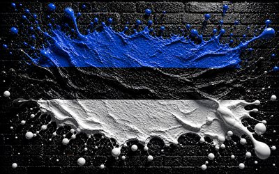 4k, علم إستونيا, مبدع, إستونيا ترسم علمها, جدار من الطوب الأسود, فن الطلاء, العلم الاستوني, بقع الطلاء, علم استونيا, عمل فني, الرموز الوطنية الإستونية, علم إستونيا ثلاثي الأبعاد, إستونيا