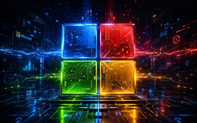 4k, logotipo 3d da microsoft, obra de arte, fundo futurista escuro, raios de néon coloridos, marcas de software, logotipo brilhante da microsoft, logotipo futurista da microsoft, marcas, logotipo da microsoft, microsoft