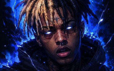 4k, XXXTentacion, blue glowing eyes, music stars, Jahseh Dwayne Ricardo Onfroy, grunge art, american rapper, XXXTentacion art, american celebrity, XXXTentacion 4K