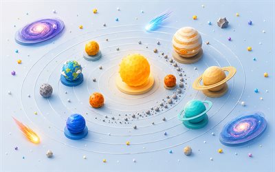 Solar system planets, 4k, isometric art, universe, Sun, Mercury, Venus, Earth, Mars, Jupiter, Saturn, Uranus, Neptune, orbits, planets inscriptions, Solar system, planets, planetary system, astronomy, galaxy, Solar system concepts
