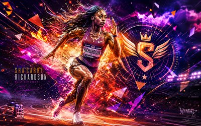 sha carri richardson, 4k, mor dijital arka plan, yaratıcı, sporcular, hayran sanatı, shacarri richardson sanatı, amerikalı atletizm sprinteri, sha carri richardson 4k