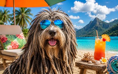 Bergamasco Sheepdog, 4k, summer, tropical beach, beach accessories, sea, sun lounger, sunglasses, Bergamasco Sheepdog on beach, dogs, cocktail, cute animals, beach, pets, dog in sunglasses, Bergamasco Sheepdog Dog