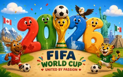 2026 fifa world cup, 4k, sarjakuvataidetta, maskotit, fifa world cup trophy, luova, jalkapallo, fifa world cup  taide, fifa world cup 2026, kultainen pokaali, fifa world cup